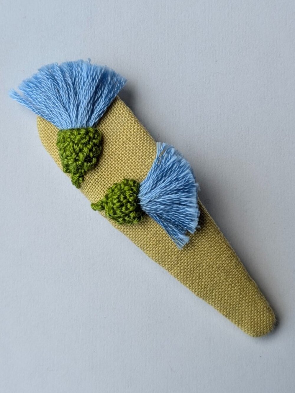 New Blue Thistle Flowers hand embroidered linen cotton large handmade hair clip